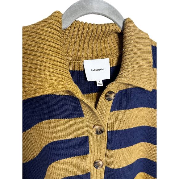 Reformation Brooklyn Cotton Polo Sweater Size Small Collared Navy Gold Stripe - Picture 6 of 8